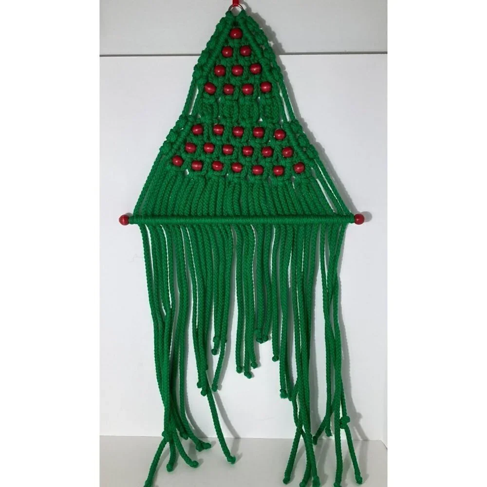 Vintage Macrame Christmas Tree Wall Hanging Beaded Green‎ Red 16 x 35